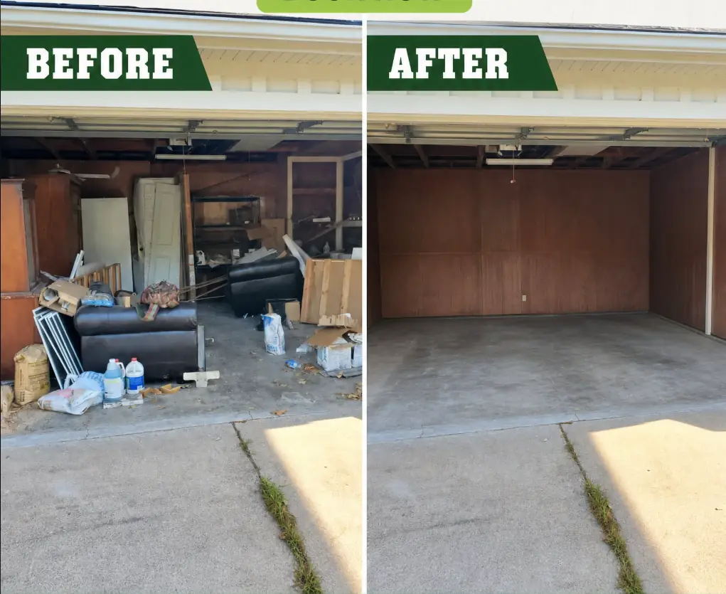 Residential garage before and after The Junk Generals removed furniture, doors, and household debris
